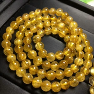 Natural Crystal Beads Bracelet Gold Titanium Rutilated AAA 6-5mm 3rows - Picture 1 of 8