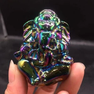 Titanium Rainbow Aura Obsidian Crystal Carved Ganesha Healing Decorat Reiki 132g - Picture 1 of 6