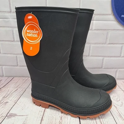 Wonder Nation Youth Boys Black TPE Rubber Lined Slip-on Chore Rain Boots: 2 - Image 1 of 4