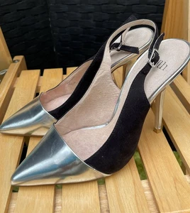 faith leather suede black silver patent high heels slingback shoes size 7 eu 40 - Picture 1 of 7