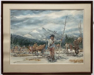 Large Original Realism Painting Colonial Pioneers Military Soldiers Landscape - Picture 1 of 21