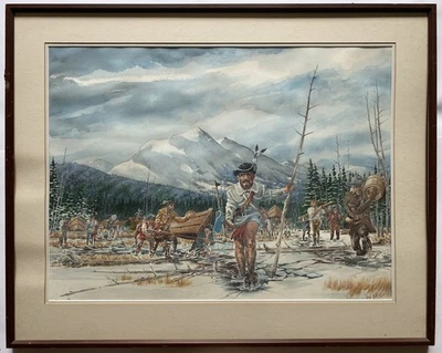 Large Original Realism Painting Colonial Pioneers Military Soldiers Landscape - Image 1 of 4