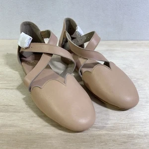 NEW ELF Tan Leather Criss Cross Straps Mangrove Scalloped Leather Flats 7 Preppy - Picture 1 of 8