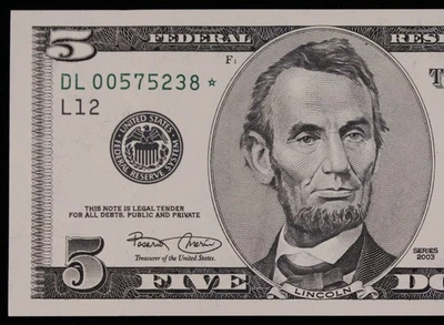 $5 2003 GEM CU Star Federal Reserve Note DL00575238* plain series, San Francisco - Image 1 of 3