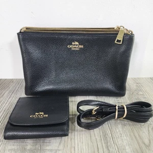 Auténtica Cartera Bandolera Coach Cuero Negro Guijarro Doble Cremallera y Cartera Bonita - Imagen 1 de 17