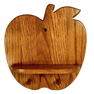 Vtg 1990s Wood Apple Shaped Hanging Wall Mini Shelf with Hooks 9.5" Handmade - Picture 1 of 6