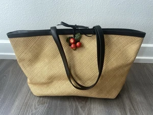 COLE HAAN Straw Tote Bag w/ Black Trim & Apples Plaid Lining Tie Close Pockets - Picture 1 of 15