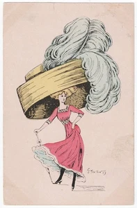 alte Künstler-Ak Art déco, Schöne Frau mit grossen Hut, sign., gelaufen 1909 - Bild 1 von 2