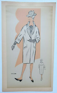 Manteau Femme DESSIN ORIGINAL Mode HAUTE COUTURE Croquis ca 1960