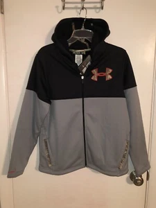 NEW Under Armour Black Gray Camo Hooded Jacket Youth XL Jacket Loose Full Zip - Picture 1 of 3