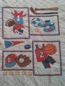 Handmade Baby Boy Quilt FINISHED Shower Gift “Little Sports” Basketball Soccer - Picture 1 of 7