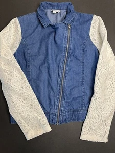 Disney Denim Lace sleeves Lightweight asymmetrical zipper Jacket Youth L 14/16 - Picture 1 of 8