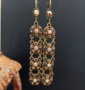 Michal Negrin Earrings Light Brown Long Dainty Crystals Cocktail Fancy Elegant - Picture 1 of 15