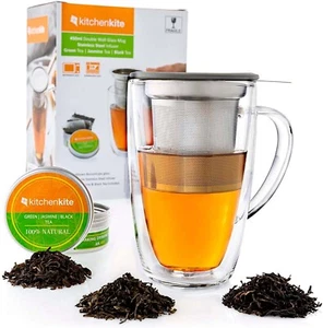 Glass Tea Cup with Stainless Steel Infuser and Lid - Microwave & Dishwasher S... - Picture 1 of 9