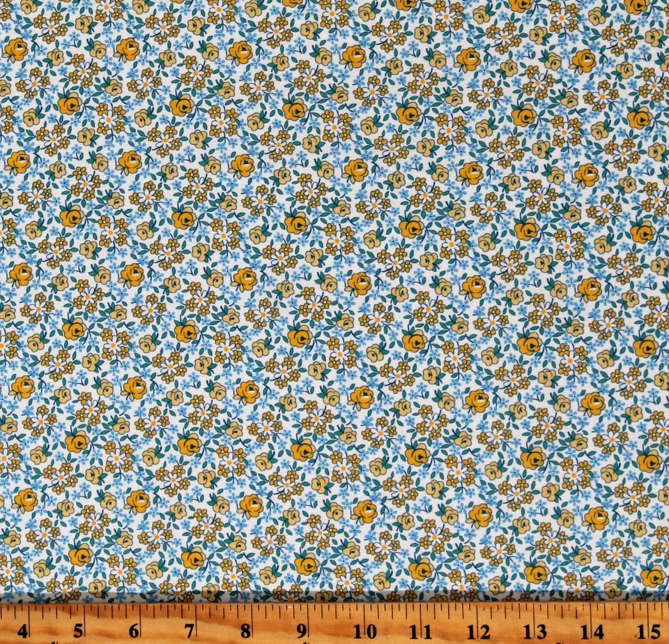 Algodón Amarillo y Azul Flores Floral Años 30 Básicos Tela Estampado por Yarda D186.26 Foto 1 de 1