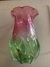 Vintage Hand-Blown Teleflora Watermelon Pink Green Swirl Scallop Glass Vase EUC