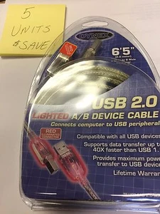 Paquete de 5 PAQUETES DYNEX USB 2.0 Cable A/B Iluminado Rojo 6'5" A Macho a B Conector Macho NUEVO - Imagen 1 de 3