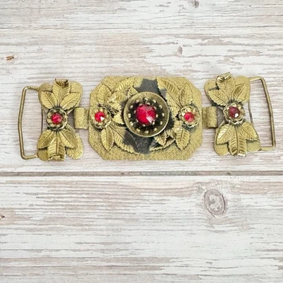 Art Nouveau Vintage Antique Bohemian Czech Garnet Red Glass Brass Sash Buckle - Image 1 of 4