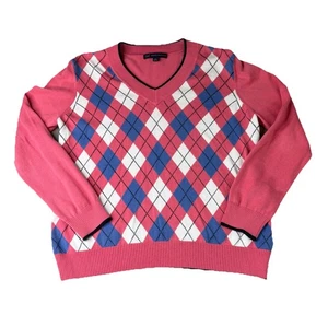Brooks Brothers 346 Women’s Blue & Pink Argyle Pullover Sweater Size XL Cotton - Picture 1 of 6
