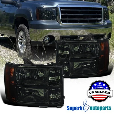 Fits 2007-2013 GMC Sierra 1500 / 07-14 GMC Sierra 2500HD 3500HD Headlights Smoke Foto 1 de 4