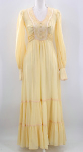 Vtg Women's 70s Light Yellow Maxi Prairie Dress W/ Lace Bust Overlay 1970s XS/S