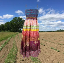 Women Maxi Dress, Stylish Summer Dresses, Empire Waist Tiered Colorful Beach S/M