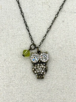 American Eagle Outfitters Crystal Rhinestone Owl Pendant Bronze Chain Necklace - Image 1 of 4