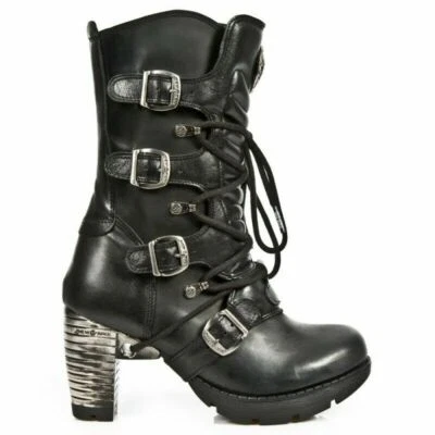 NEW ROCK Boots TR003-S1 Ladies Metallic Black Leather Biker Heel Goth Punk Shoes - Image 1 of 4