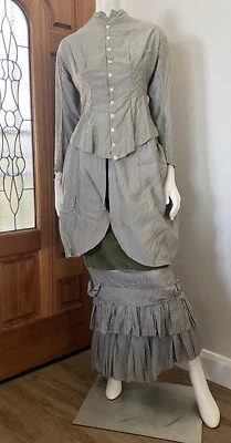 Antique 19thC. Victorian Edwardian Costume Theatre Dress Bustle Striped Green - Image 1 of 4