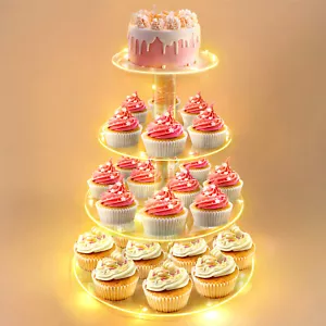 Round Cupcake Stand 4 Tier Acrylic Cupcake Display Clear Cupcake Tower LED Light - Picture 1 of 5