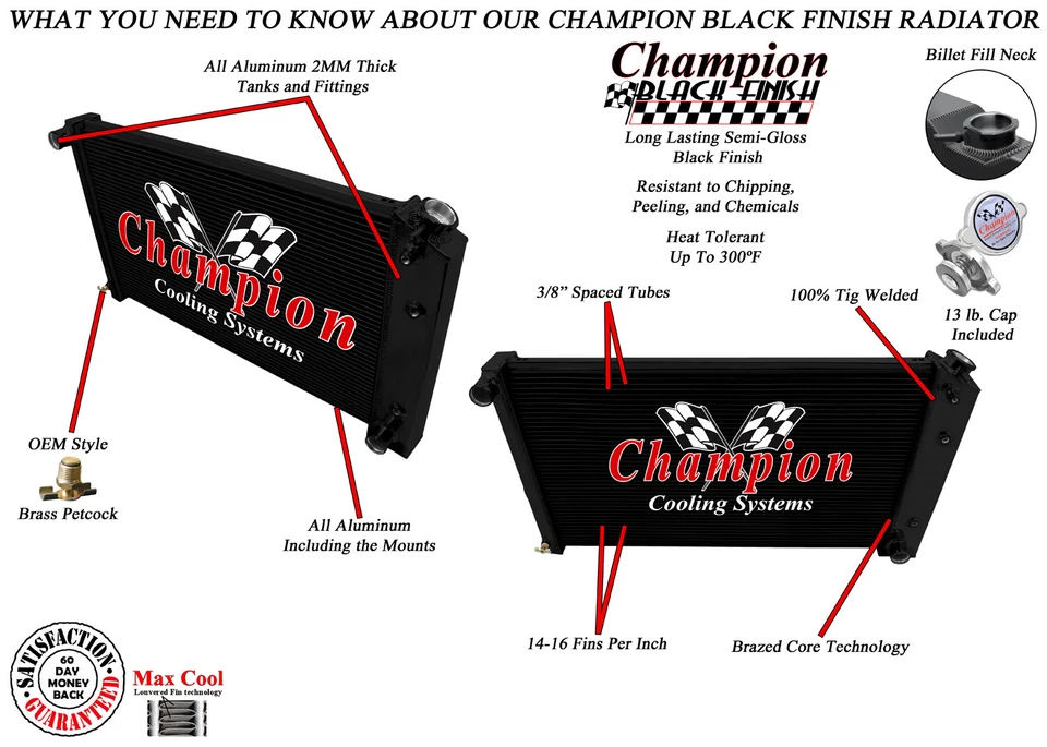 Radiador ER Champion 3 filas acabado negro 17"x28" para Oldsmobile Cutlass 1966-1977 Foto 1 de 4