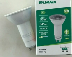 3 X 4.2W GU10 Long Neck LED NEW SYLVANIA 74mm x 50mm replaces 11w cfl type bulbs - Picture 1 of 3