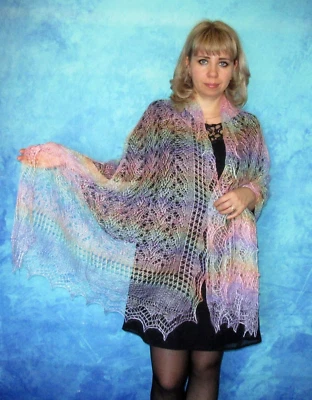 Hand knit bright rainbow women's scarf, Warm Russian shawl, Orenburg wool wrap - Image 1 of 4