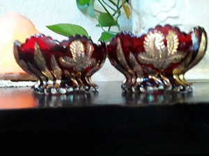Vintage Antique Stained Glass  Ruby  Gold set of 2 Finely  Crystal Sm Dish - Picture 1 of 4