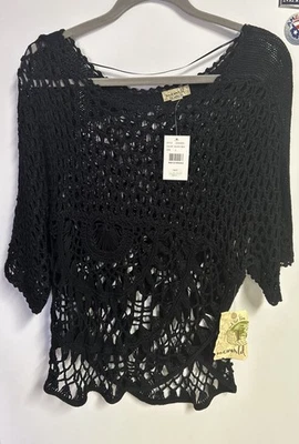 Blusa Suéter Grande One World Negra Manga 3/4 Floral Crochet Frontal Campesina Foto 1 de 4