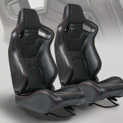2X Universal Reclinable Bucket Seats Cars PVC Adjustable Racing Seats Black - Image 1 of 4