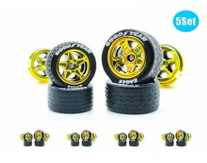 Gold Chrome Muscle Wheels + Rubber Tires - 5 Sets Real Rider #2 Fits Hot Wheels - Picture 1 of 5