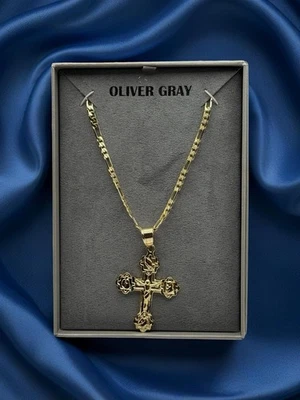 Oliver Gris 22” Figaro Cadena Tono Oro Y 2” Collar Cruz Jesús Acero Inoxidable Foto 1 de 4