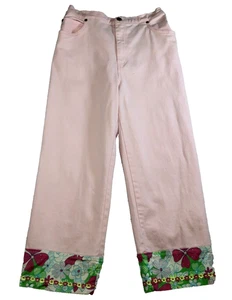 Quacker Factory Womens Crop Pants Sz S Pink Floral Embroidered Cuff Stretch NWT - Picture 1 of 14