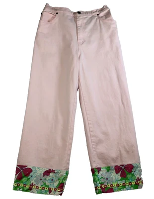 Quacker Factory Womens Crop Pants Sz S Pink Floral Embroidered Cuff Stretch NWT - Image 1 of 4