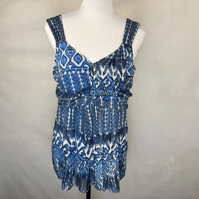 INC Women Tank Top Sz L Mesh Blue Geometric Print Black White V-Neck - Image 1 of 4