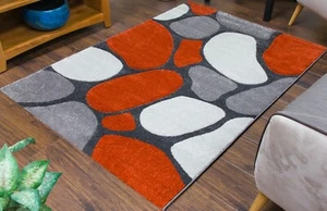 Long Orange Runner Contemporary Pebble Design Soft Textured Pile Terracotta Grey - Picture 1 of 11