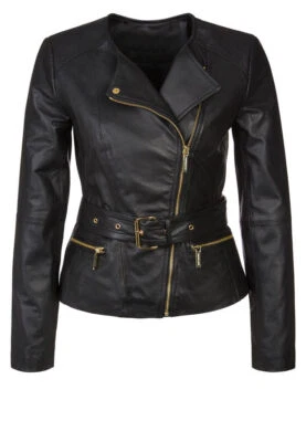 Stylish Womens Black Leather Jacket Biker Motorcycle Outerwear with Zipper Style - Image 1 of 4