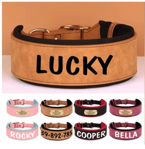 Wide Leather Personalised Dog Collar Custom ID Name for Small Medium Large Dogs - Picture 1 of 14