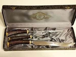 Vintage Set Of Carving Knives Glo-Hill Bakelite Antler Style Handles - Picture 1 of 12