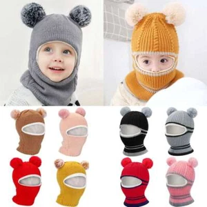 Kids Toddler Baby Winter Warm Hat Hooded Scarf Earflap Knitted Cap Girls Boys - Picture 1 of 22