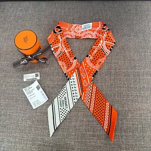 Bufanda de sarga de seda Hermes Eperon D' O AD Vermillon Gris por naranja nueva - Imagen 1 de 15