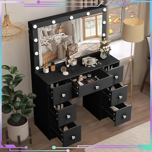 7 Drawers Makeup Desk with Large LED Lighted Mirror 3 Light Colors Black Dresser - Picture 1 of 9