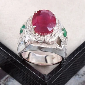 Heated Ruby & Green Onyx Gemstone with 925 Sterling Silver Ring for Men's #5357 - Picture 1 of 4