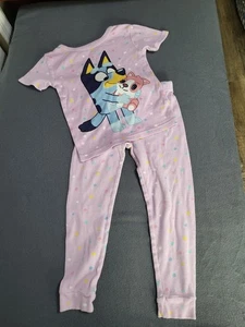 BLUEY Girls SZ 5T Pajama Set Short Sleeve Pants Fitted Polka Dot Purple - Picture 1 of 6